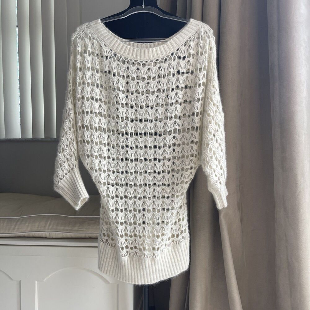 Vintage Y2K Kenzie Angora Crochet Knit Pointelle Long Cream Sweater Ribbed Hem M